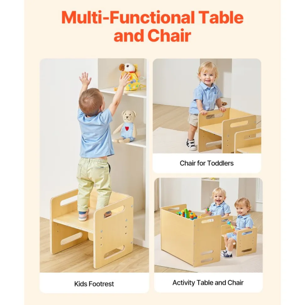 VEVOR Montessori Weaning Table and Chair Set, Wooden Toddler Table and Chair Set with 2 Chairs, Adjustable Height Montessori Chair and Activity Table, Ideal for Reading, Eating, Playing - Natural