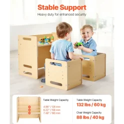 VEVOR Montessori Weaning Table and Chair Set, Wooden Toddler Table and Chair Set with 2 Chairs, Adjustable Height Montessori Chair and Activity Table, Ideal for Reading, Eating, Playing - Natural
