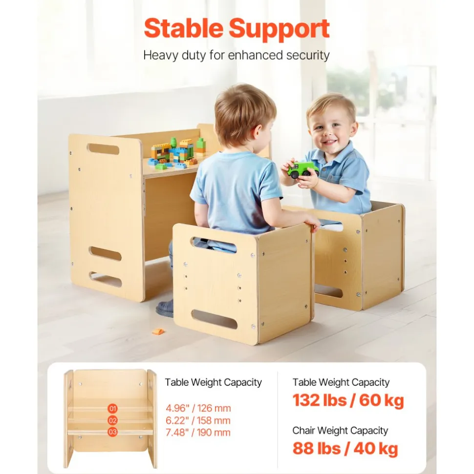 VEVOR Montessori Weaning Table and Chair Set, Wooden Toddler Table and Chair Set with 2 Chairs, Adjustable Height Montessori Chair and Activity Table, Ideal for Reading, Eating, Playing - Natural