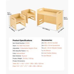 VEVOR Montessori Weaning Table and Chair Set, Wooden Toddler Table and Chair Set with 2 Chairs, Adjustable Height Montessori Chair and Activity Table, Ideal for Reading, Eating, Playing - Natural