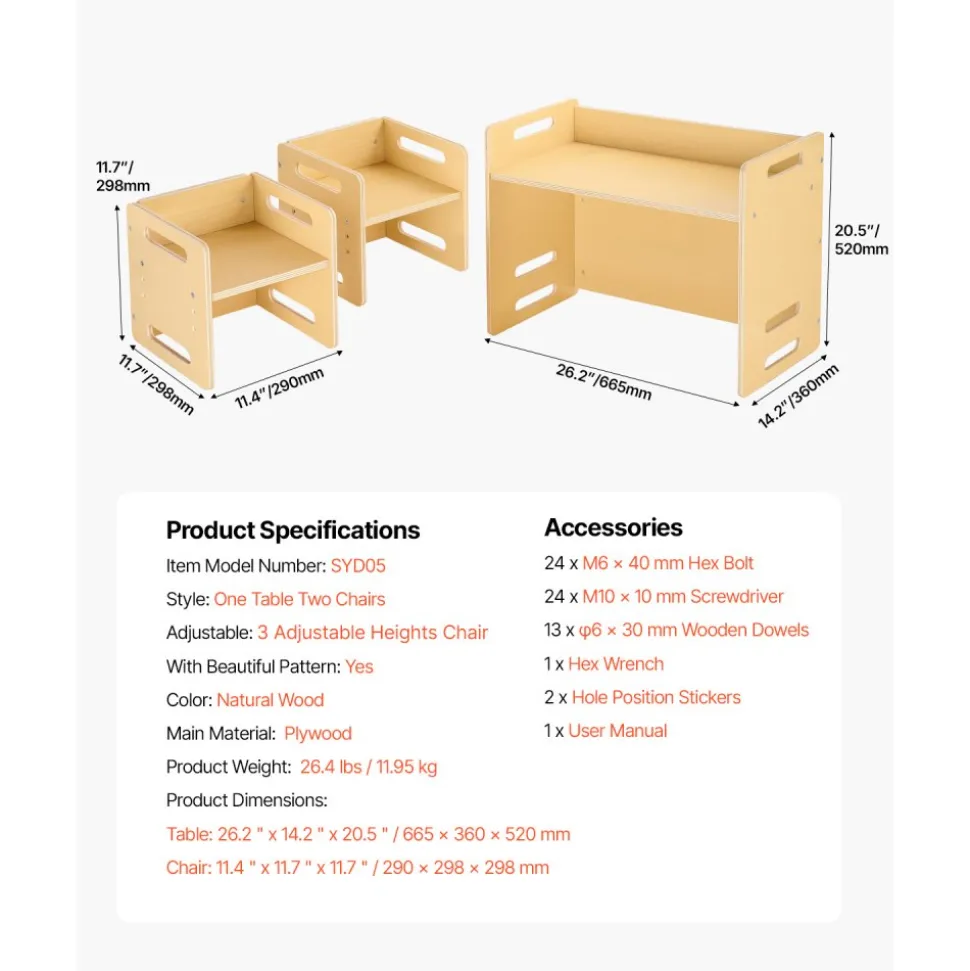 VEVOR Montessori Weaning Table and Chair Set, Wooden Toddler Table and Chair Set with 2 Chairs, Adjustable Height Montessori Chair and Activity Table, Ideal for Reading, Eating, Playing - Natural