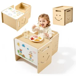 VEVOR Montessori Weaning Table and Chair Set, Wooden, Kids Table and Chair Set for Toddlers 1-5, Step Stool with Whiteboard and 3 Heights Adjustable, Easy to Clean, for Eating Drawing Reading Playing