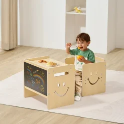 VEVOR Montessori Weaning Table and Chair Set, 3 In 1 Wooden Toddler Table and Chairs with Chalkboard, Adjustable Height Montessori Table for Ages 1-5, Ideal for Drawing, Reading, Eating - Natural