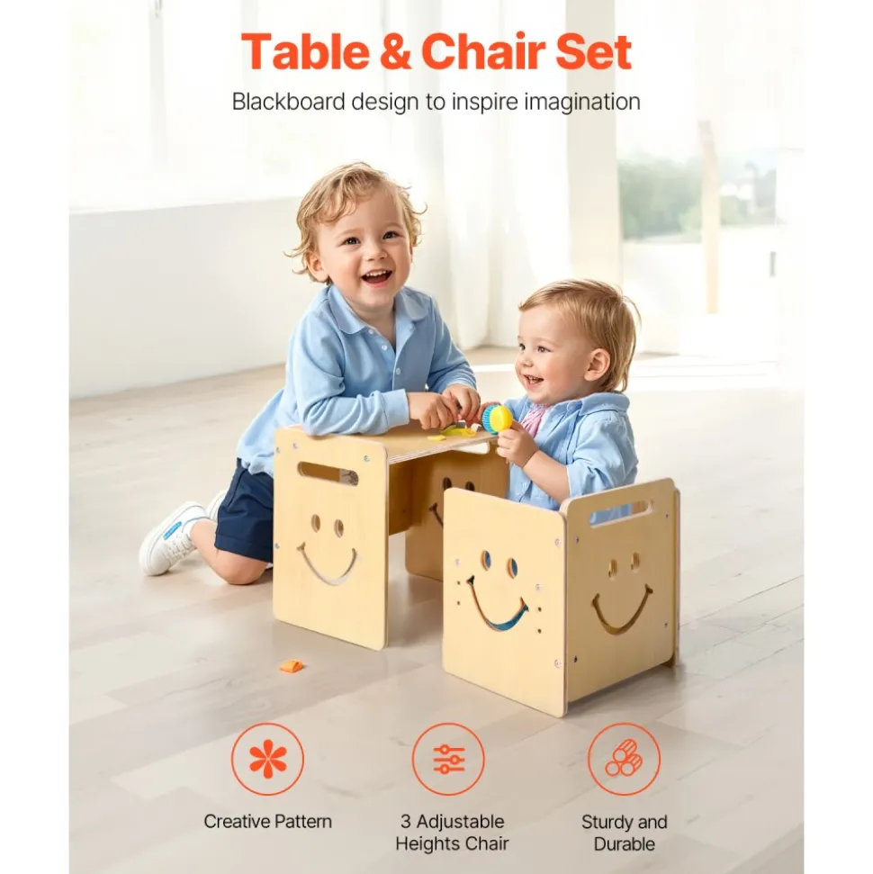VEVOR Montessori Weaning Table and Chair Set, 3 In 1 Wooden Toddler Table and Chairs with Chalkboard, Adjustable Height Montessori Table for Ages 1-5, Ideal for Drawing, Reading, Eating - Natural