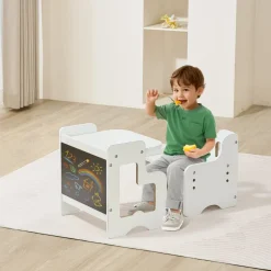 VEVOR Montessori Weaning Table and Chair Set, 3 In 1 Wooden Toddler Table and Chairs with Chalkboard, Adjustable Height Montessori Table for Ages 1-5, Ideal for Drawing, Reading, Eating - White