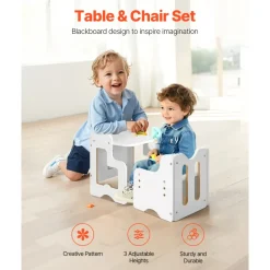 VEVOR Montessori Weaning Table and Chair Set, 3 In 1 Wooden Toddler Table and Chairs with Chalkboard, Adjustable Height Montessori Table for Ages 1-5, Ideal for Drawing, Reading, Eating - White