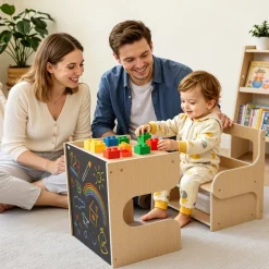 VEVOR Montessori Weaning Table and Chair Set, Wooden, Kids Table and Chair Set for Toddlers 1-5, Step Stool with Blackboard and Storage Space, Easy to Clean, for Eating, Drawing, Reading, Playing