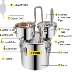VEVOR Moonshine Still Distiller 3Gal 12L Stainless Steel Water Distiller Copper Tube with Circulating Pump Home Brewing Kit Build-in Thermometer for DIY Whisky Wine Brandy Spirits