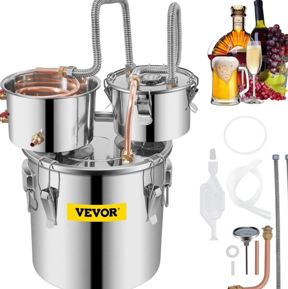 VEVOR Moonshine Still Distiller 3Gal 12L Stainless Steel Water Distiller Copper Tube with Circulating Pump Home Brewing Kit Build-in Thermometer for DIY Whisky Wine Brandy Spirits