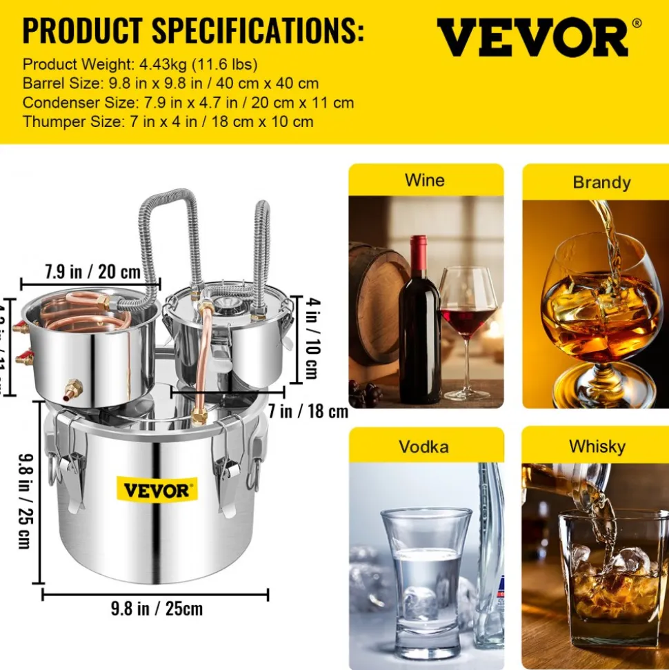 VEVOR Moonshine Still Distiller 3Gal 12L Stainless Steel Water Distiller Copper Tube with Circulating Pump Home Brewing Kit Build-in Thermometer for DIY Whisky Wine Brandy Spirits