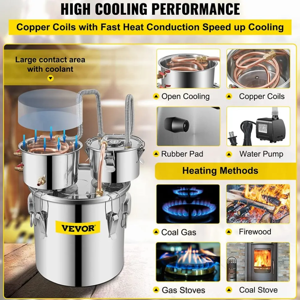 VEVOR Moonshine Still Distiller 3Gal 12L Stainless Steel Water Distiller Copper Tube with Circulating Pump Home Brewing Kit Build-in Thermometer for DIY Whisky Wine Brandy Spirits