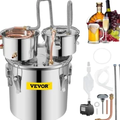 VEVOR Moonshine Still Stainless Steel Water Alcohol Distiller Copper Tube With Circulating Pump Home Brewing Kit Build-in Thermometer for DIY Whisky Wine Brandy Spirits