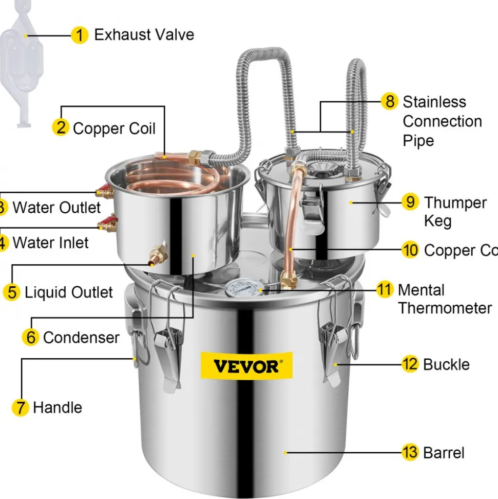 VEVOR Moonshine Still Stainless Steel Water Alcohol Distiller Copper Tube With Circulating Pump Home Brewing Kit Build-in Thermometer for DIY Whisky Wine Brandy Spirits
