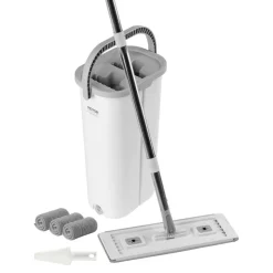 VEVOR Mop and Bucket with Wringer Set, Wet & Dry Use, Flat Mop and Bucket System with 3 Washable Microfiber Pads, Flat Mop with Stainless Steel Handle, Mop Bucket Set for Hardwood Tile Vinyl