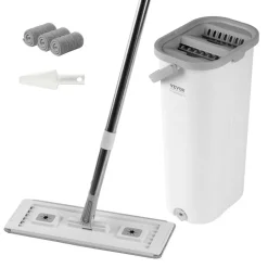 VEVOR Mop and Bucket with Wringer Set, Wet & Dry Use, Flat Mop and Bucket System with 3 Washable Microfiber Pads, Flat Mop with Stainless Steel Handle, Mop Bucket Set for Hardwood Tile Vinyl