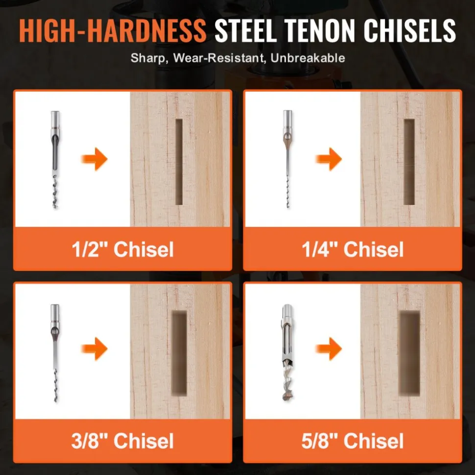 VEVOR Mortising Attachment for Drill Press, 4 Model Drills Square Hole Chisel Set, Bench Drill Locator Set Mortise and Tenon Tools with 5 Bushings, for Woodworking Mortising Tenoning Drilling Machine