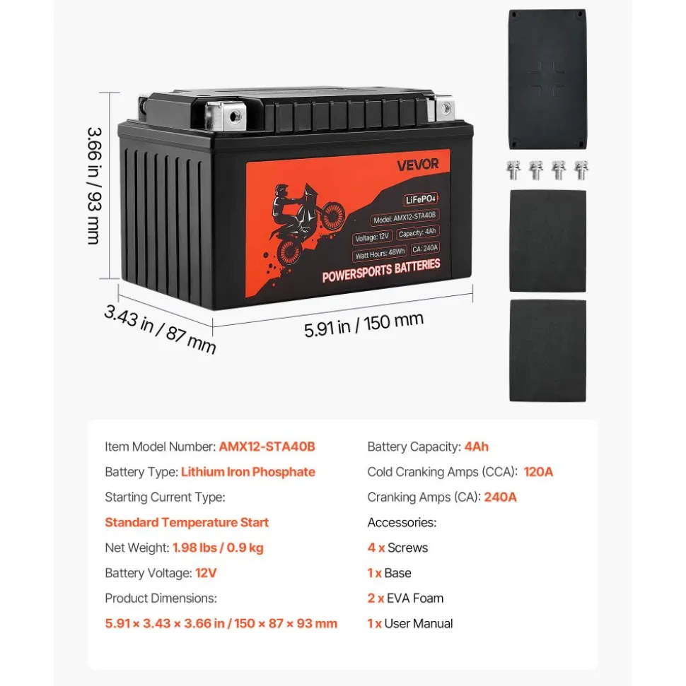 VEVOR Motorcycle Battery, 12 Volt 4Ah, LiFePO4 Lithium Pre-Charged Powersports Battery, Maintenance Free & High Performance, Compatible with ATV, Motorcycle, Jet Skis, Scooter, UTV, and More