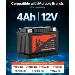 VEVOR Motorcycle Battery, 12 Volt 4Ah, LiFePO4 Lithium Pre-Charged Powersports Battery, Maintenance Free & High Performance, Compatible with ATV, Motorcycle, Jet Skis, Scooter, UTV, and More