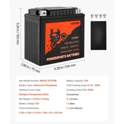 VEVOR Motorcycle Battery, 12 Volt 7Ah, LiFePO4 Lithium Pre-Charged Powersports Battery, Maintenance Free & High Performance, Compatible with ATV, Motorcycle, Jet Skis, Scooter, UTV, and More