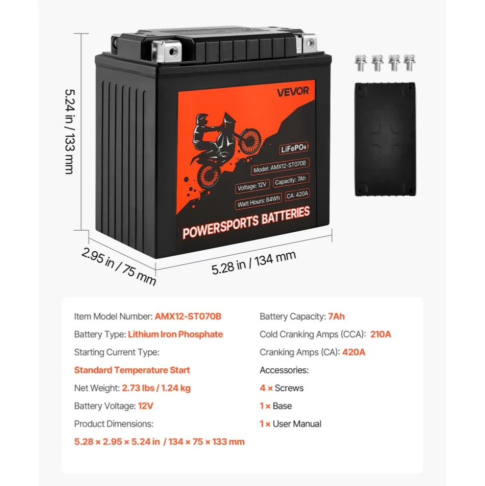 VEVOR Motorcycle Battery, 12 Volt 7Ah, LiFePO4 Lithium Pre-Charged Powersports Battery, Maintenance Free & High Performance, Compatible with ATV, Motorcycle, Jet Skis, Scooter, UTV, and More