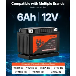 VEVOR Motorcycle Battery, 12 Volt 6Ah, LiFePO4 Lithium Pre-Charged Powersports Battery, Maintenance Free & High Performance, Compatible with ATV, Motorcycle, Jet Skis, Scooter, UTV, and More