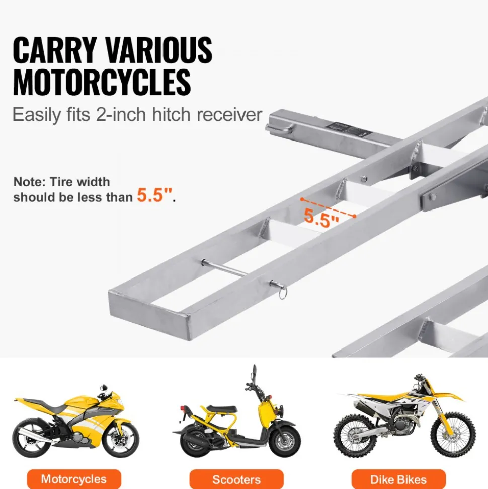 VEVOR Motorcycle Carrier, 2-Bike 600 LBS Aluminum Motorcycle Carrier Hitch Mount, Loading Ramp, Scooter Dirt Bike Trailer Hauler, Ratchet Straps and Stabilizer, for Car, Truck with 2" Hitch Receiver