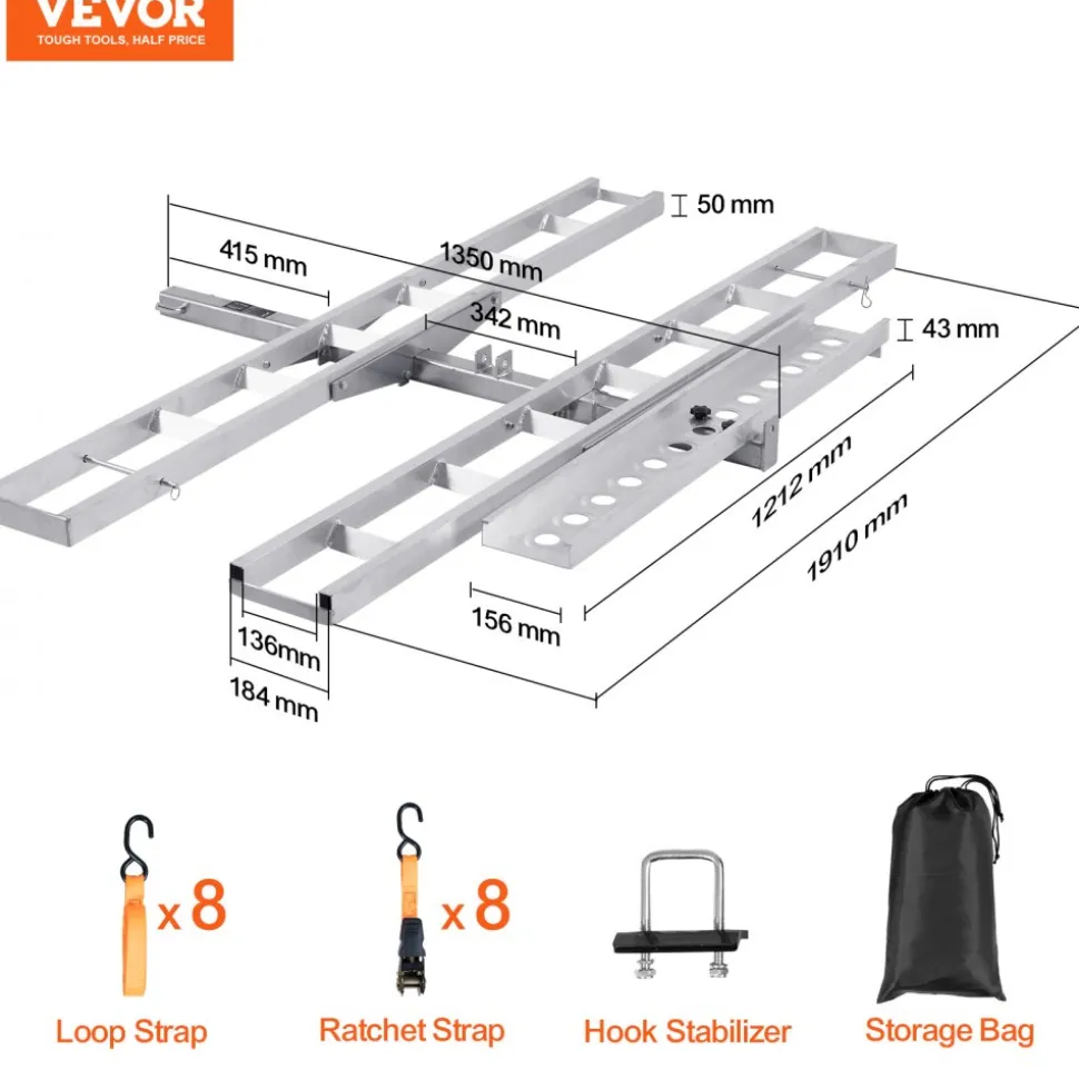VEVOR Motorcycle Carrier, 2-Bike 600 LBS Aluminum Motorcycle Carrier Hitch Mount, Loading Ramp, Scooter Dirt Bike Trailer Hauler, Ratchet Straps and Stabilizer, for Car, Truck with 2" Hitch Receiver