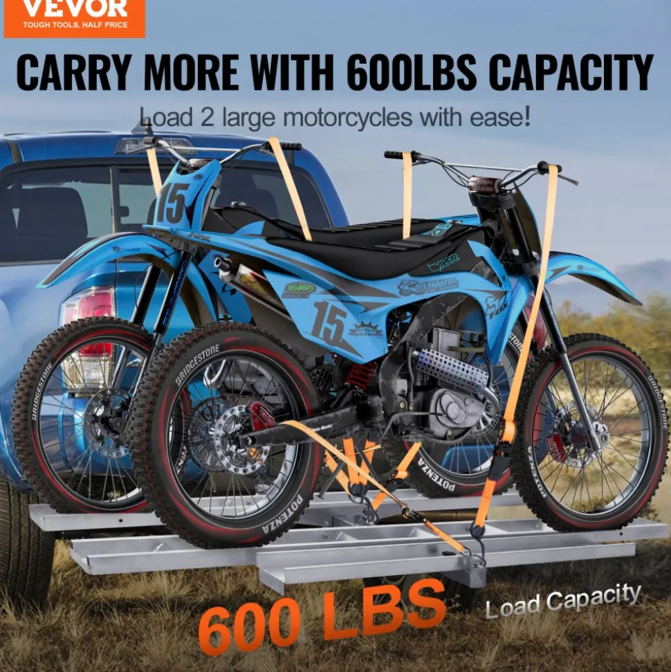 VEVOR Motorcycle Carrier, 2-Bike 600 LBS Aluminum Motorcycle Carrier Hitch Mount, Loading Ramp, Scooter Dirt Bike Trailer Hauler, Ratchet Straps and Stabilizer, for Car, Truck with 2" Hitch Receiver