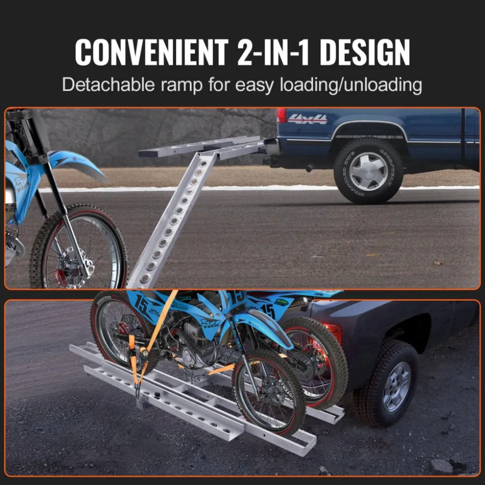 VEVOR Motorcycle Carrier, 2-Bike 600 LBS Aluminum Motorcycle Carrier Hitch Mount, Loading Ramp, Scooter Dirt Bike Trailer Hauler, Ratchet Straps and Stabilizer, for Car, Truck with 2" Hitch Receiver