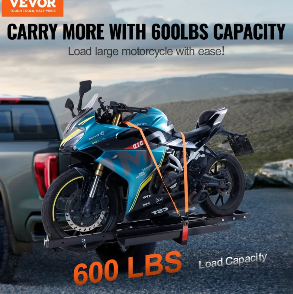 VEVOR Motorcycle Carrier, 600 LBS Steel Motorcycle Carrier Hitch Mount with Loading Ramp, Scooter Dirt Bike Trailer Hauler with Ratchet Straps and Stabilizer, for Car, Truck with 2" Hitch Receiver