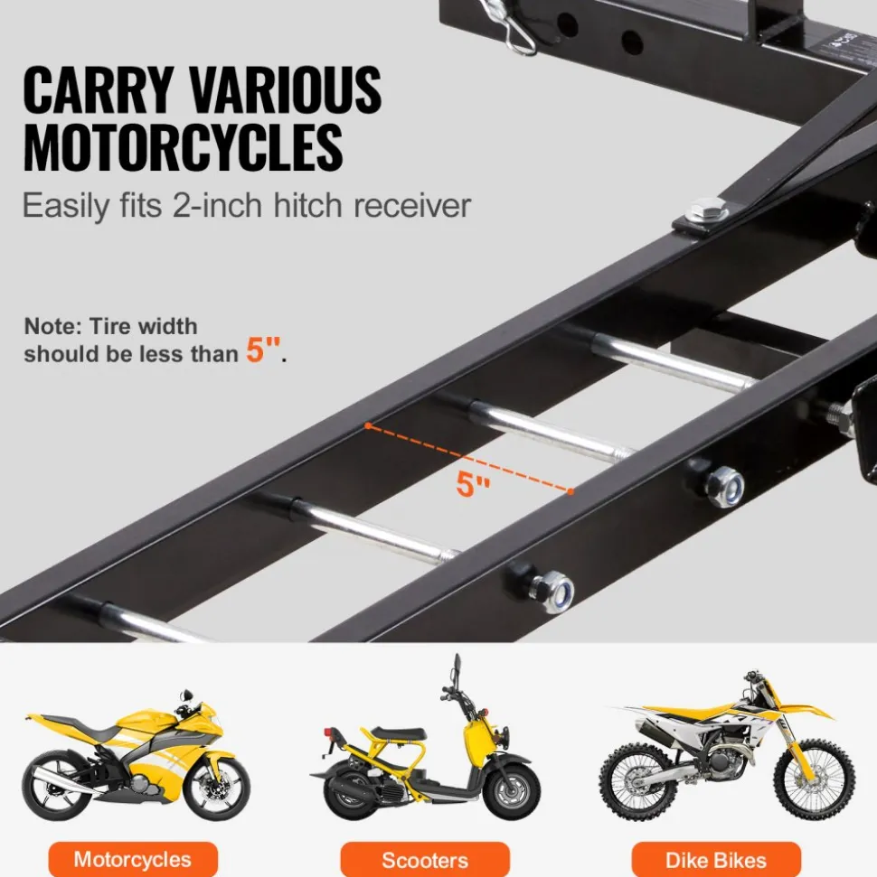 VEVOR Motorcycle Carrier, 600 LBS Steel Motorcycle Carrier Hitch Mount with Loading Ramp, Scooter Dirt Bike Trailer Hauler with Ratchet Straps and Stabilizer, for Car, Truck with 2" Hitch Receiver