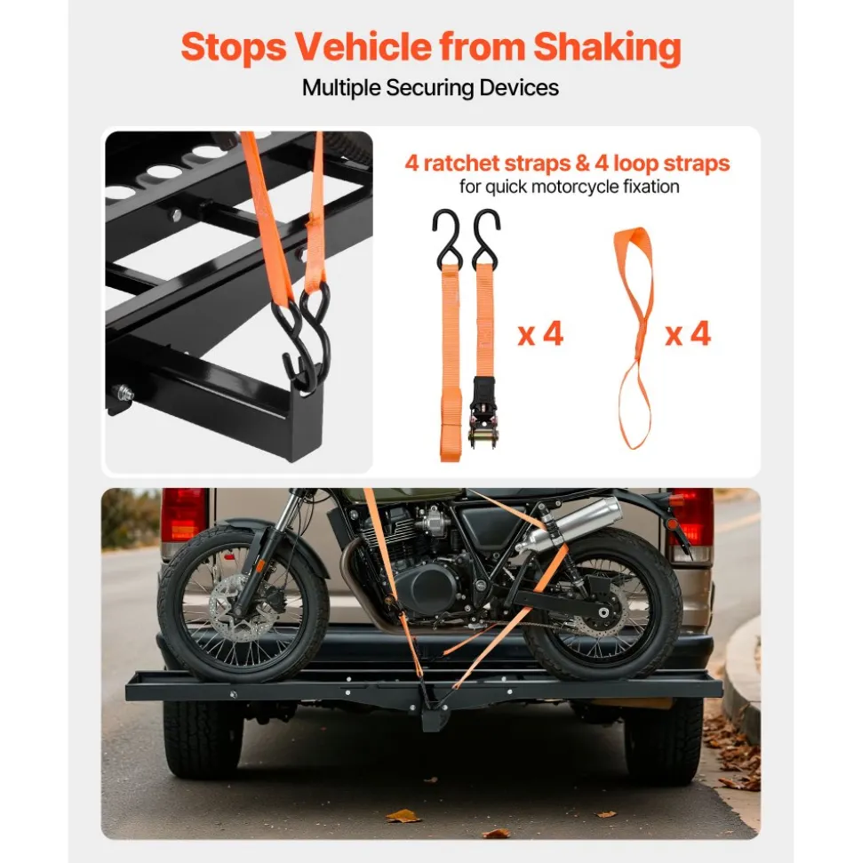 VEVOR Motorcycle Carrier, 500 lbs Capacity, Heavy Duty Steel Hitch Mount Rack with 47in Ramp, Ratchet Straps & Stabilizer, Scooter Dirt Bike Trailer Hauler for Car Truck with 2-Inch Hitch Receiver