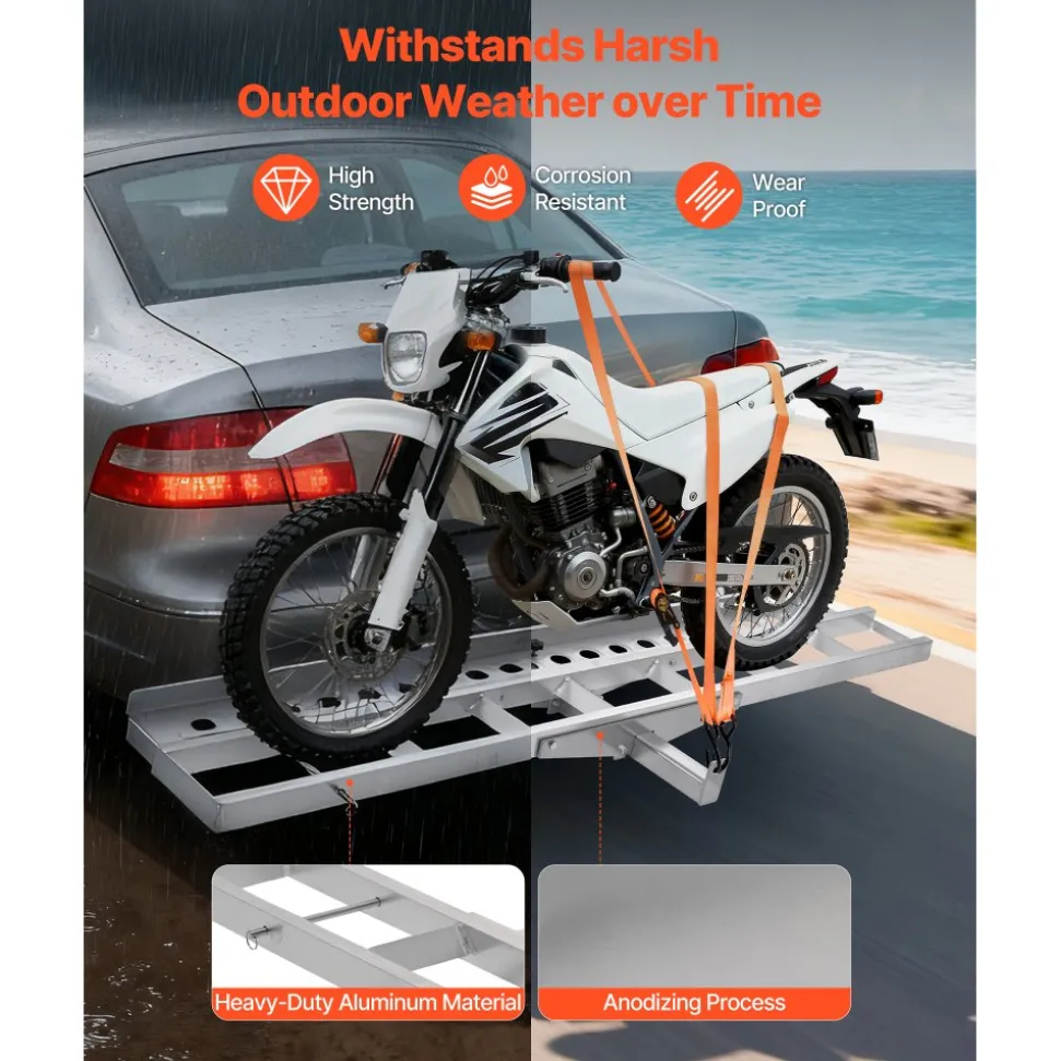 VEVOR Motorcycle Carrier, 400 lbs Capacity, Heavy Duty Aluminum Hitch Mount Rack with 73in Loading Ramp, Straps & Stabilizer, Scooter Dirt Bike Trailer Hauler for Car Truck with 2-Inch Hitch Receiver