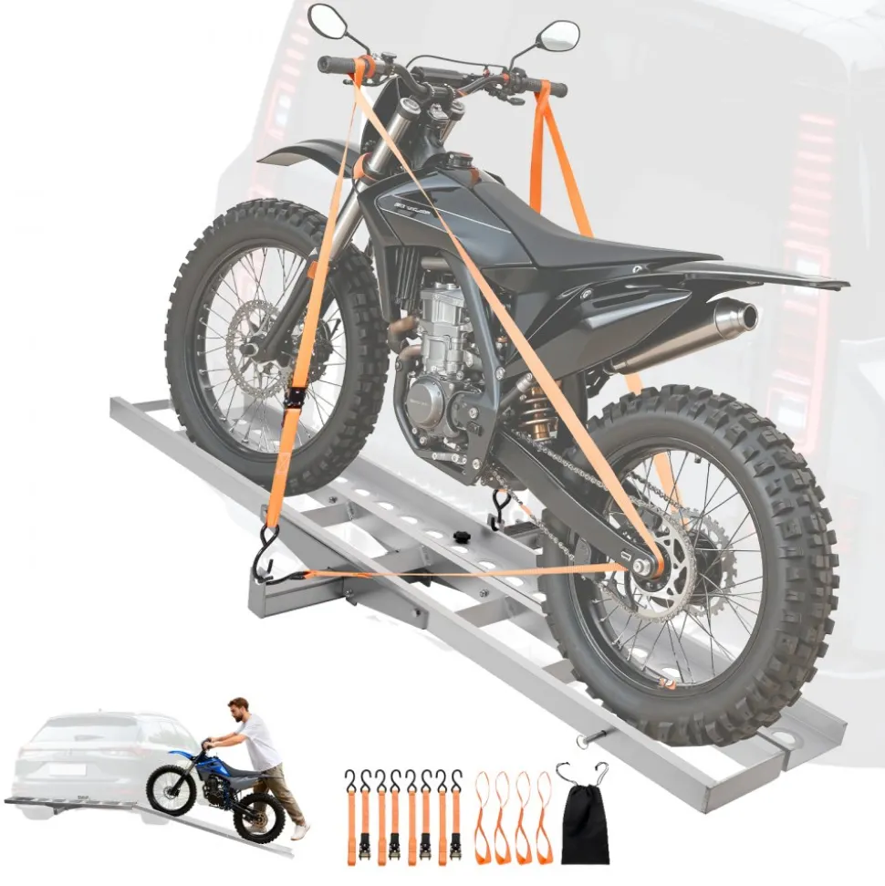 VEVOR Motorcycle Carrier, 400 lbs Capacity, Heavy Duty Aluminum Hitch Mount Rack with 73in Loading Ramp, Straps & Stabilizer, Scooter Dirt Bike Trailer Hauler for Car Truck with 2-Inch Hitch Receiver