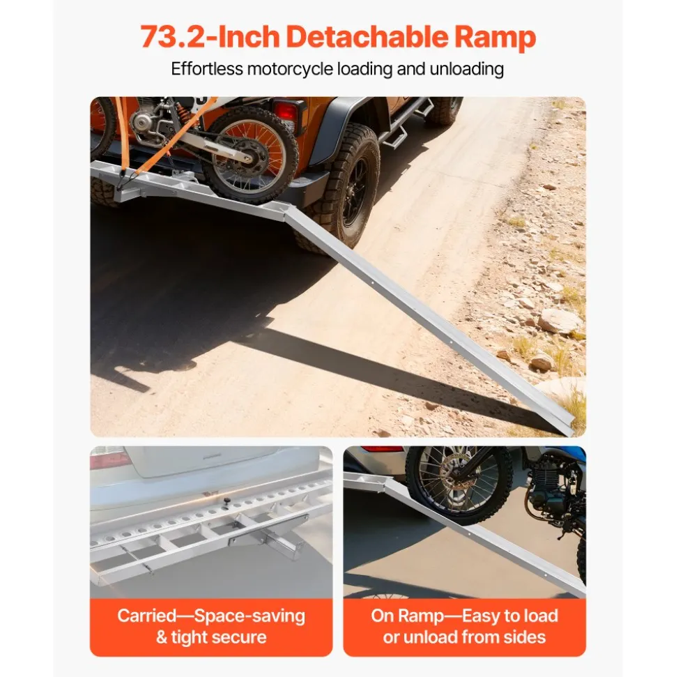 VEVOR Motorcycle Carrier, 400 lbs Capacity, Heavy Duty Aluminum Hitch Mount Rack with 73in Loading Ramp, Straps & Stabilizer, Scooter Dirt Bike Trailer Hauler for Car Truck with 2-Inch Hitch Receiver