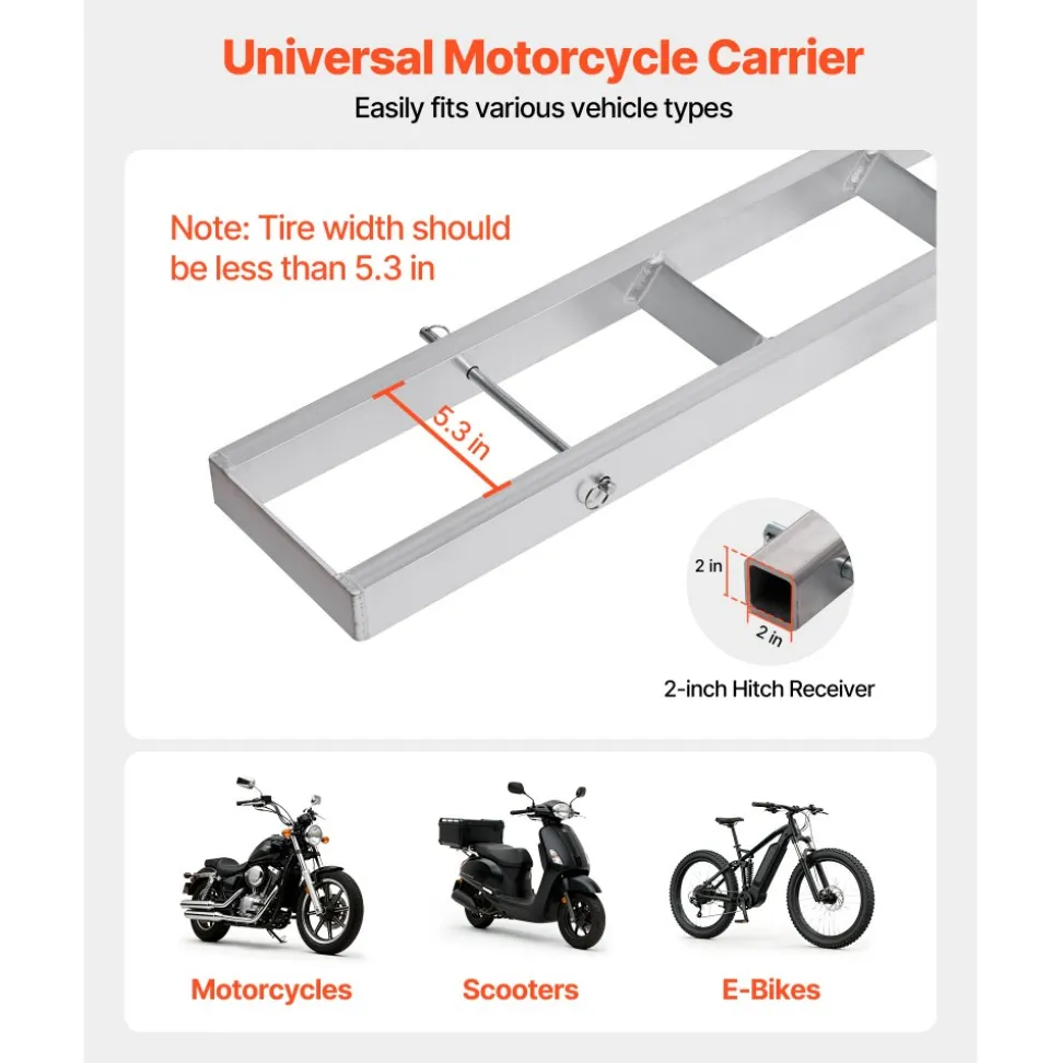VEVOR Motorcycle Carrier, 400 lbs Capacity, Heavy Duty Aluminum Hitch Mount Rack with 73in Loading Ramp, Straps & Stabilizer, Scooter Dirt Bike Trailer Hauler for Car Truck with 2-Inch Hitch Receiver
