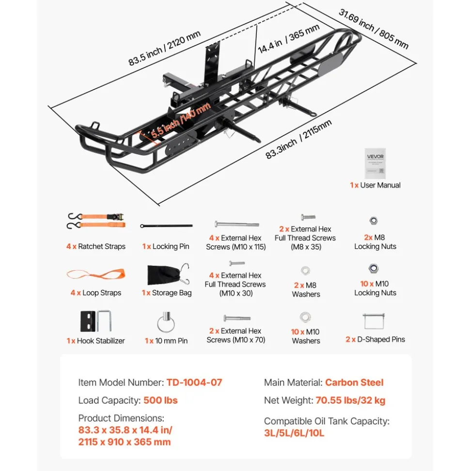 VEVOR Motorcycle Carrier, 400 lbs Capacity, Heavy Duty Aluminum Hitch Mount Rack with 47in Loading Ramp, Straps & Stabilizer, Scooter Dirt Bike Trailer Hauler for Car Truck with 2-Inch Hitch Receiver