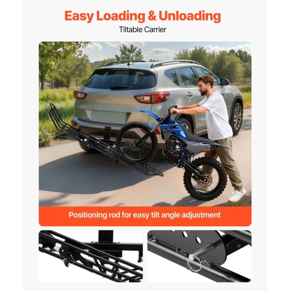 VEVOR Motorcycle Carrier, 400 lbs Capacity, Heavy Duty Aluminum Hitch Mount Rack with 47in Loading Ramp, Straps & Stabilizer, Scooter Dirt Bike Trailer Hauler for Car Truck with 2-Inch Hitch Receiver