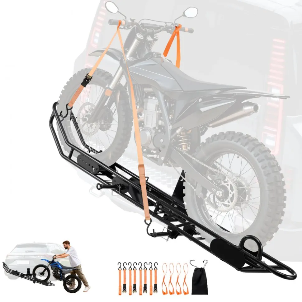 VEVOR Motorcycle Carrier, 400 lbs Capacity, Heavy Duty Aluminum Hitch Mount Rack with 47in Loading Ramp, Straps & Stabilizer, Scooter Dirt Bike Trailer Hauler for Car Truck with 2-Inch Hitch Receiver