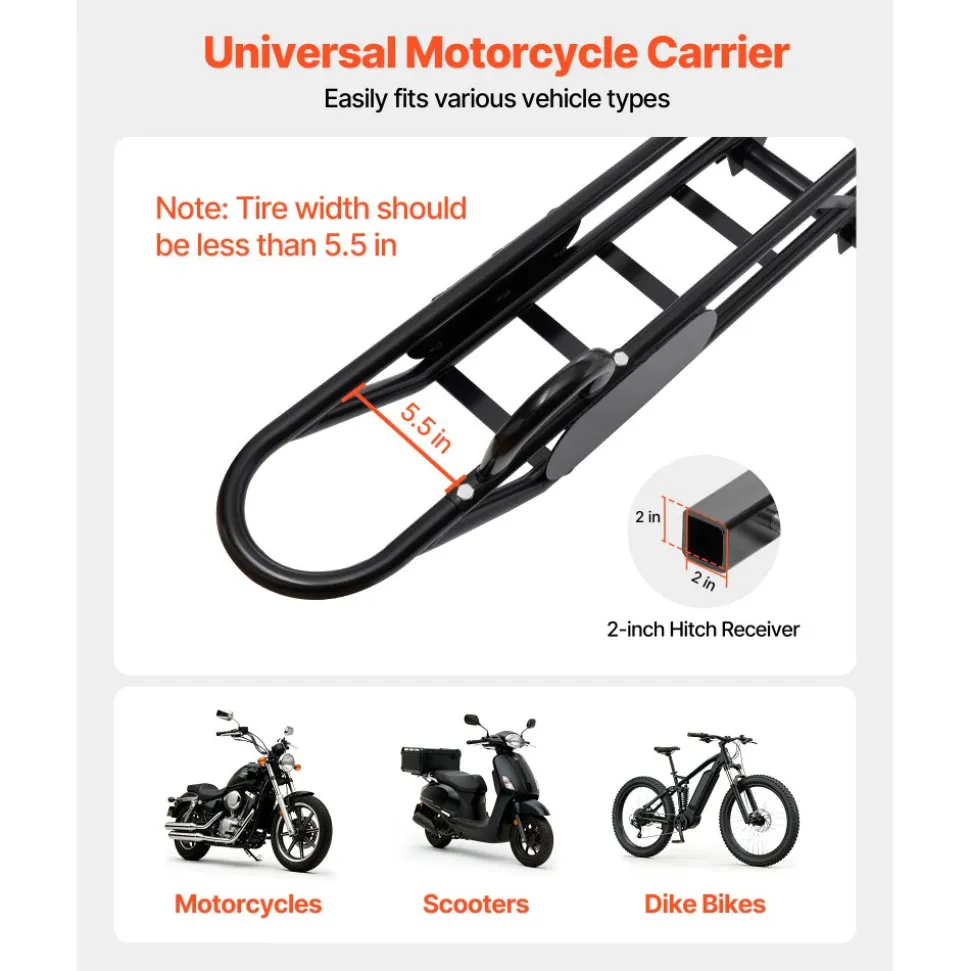VEVOR Motorcycle Carrier, 400 lbs Capacity, Heavy Duty Aluminum Hitch Mount Rack with 47in Loading Ramp, Straps & Stabilizer, Scooter Dirt Bike Trailer Hauler for Car Truck with 2-Inch Hitch Receiver