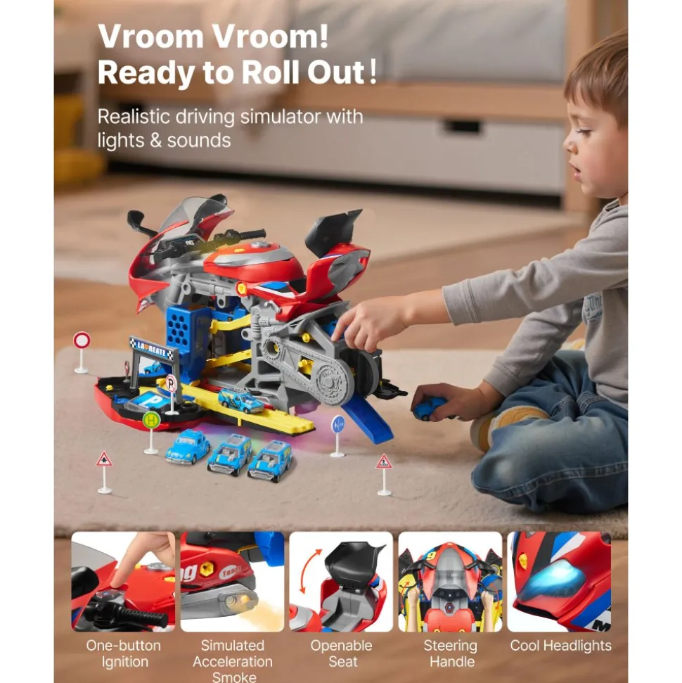 VEVOR Motorcycle Engine Toy, 25 Pieces, Motorcycle Mechanic Toy with Removable Parts, Lights & Sounds, Simulated Riding & Track Racing, Kids Mechanic Workshop Set for Toddler 3 Years and Up, Red