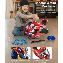 VEVOR Motorcycle Engine Toy, 25 Pieces, Motorcycle Mechanic Toy with Removable Parts, Lights & Sounds, Simulated Riding & Track Racing, Kids Mechanic Workshop Set for Toddler 3 Years and Up, Red