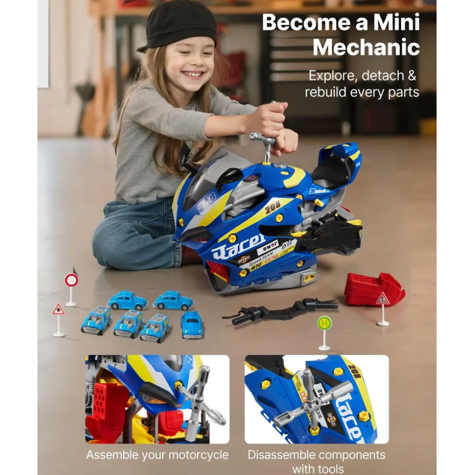 VEVOR Motorcycle Engine Toy, 25 Pieces, Motorcycle Mechanic Toy with Removable Parts, Lights & Sounds, Simulated Riding & Track Racing, Kids Mechanic Workshop Set for Toddler 3 Years and Up, Blue