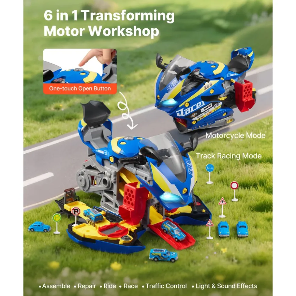 VEVOR Motorcycle Engine Toy, 25 Pieces, Motorcycle Mechanic Toy with Removable Parts, Lights & Sounds, Simulated Riding & Track Racing, Kids Mechanic Workshop Set for Toddler 3 Years and Up, Blue