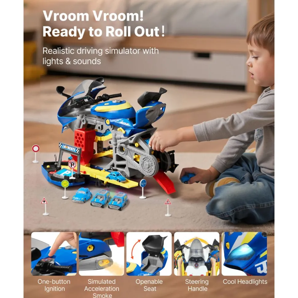 VEVOR Motorcycle Engine Toy, 25 Pieces, Motorcycle Mechanic Toy with Removable Parts, Lights & Sounds, Simulated Riding & Track Racing, Kids Mechanic Workshop Set for Toddler 3 Years and Up, Blue