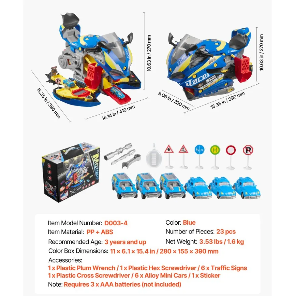 VEVOR Motorcycle Engine Toy, 25 Pieces, Motorcycle Mechanic Toy with Removable Parts, Lights & Sounds, Simulated Riding & Track Racing, Kids Mechanic Workshop Set for Toddler 3 Years and Up, Blue