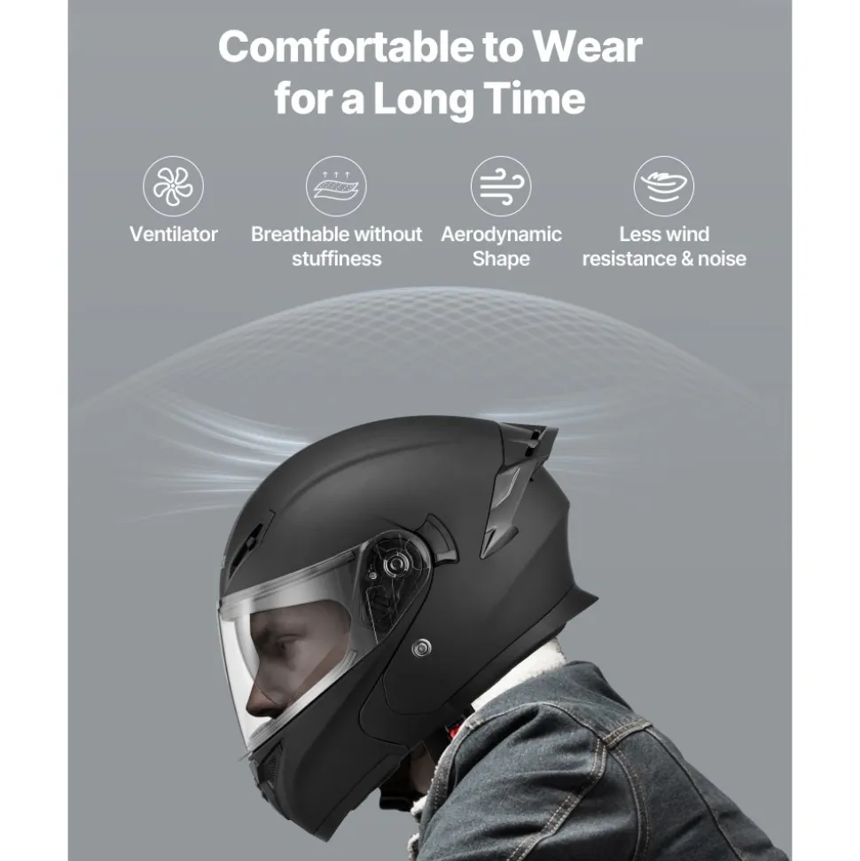 VEVOR Motorcycle Helmet, Modular, Adult Motocross Dirt Bike Helmet with Large Clear Visor, Comfortable Motorbike Racing Street with Detachable Liner for Men & Women, DOT Approved, (Matte Black, L)