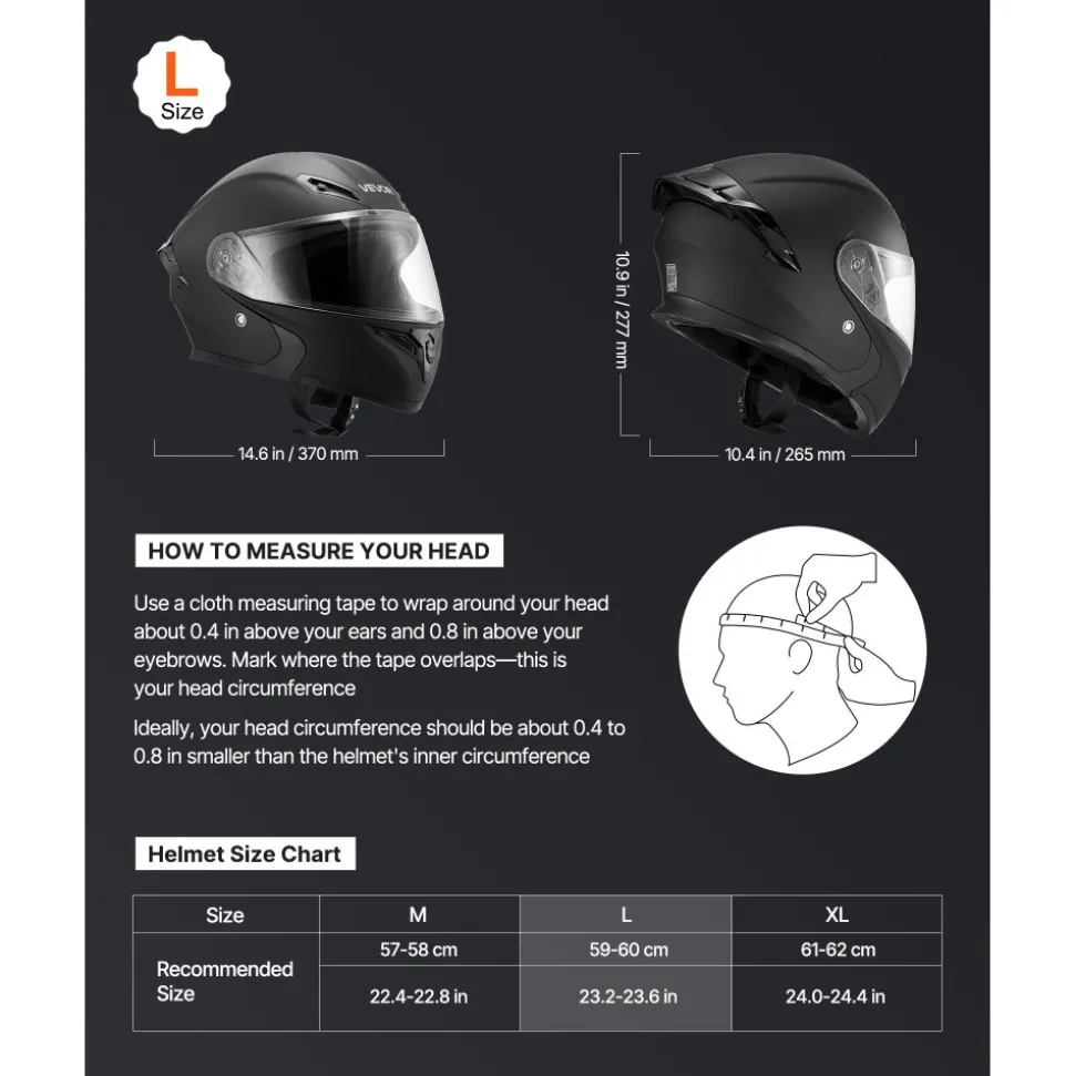 VEVOR Motorcycle Helmet, Modular, Adult Motocross Dirt Bike Helmet with Large Clear Visor, Comfortable Motorbike Racing Street with Detachable Liner for Men & Women, DOT Approved, (Matte Black, L)