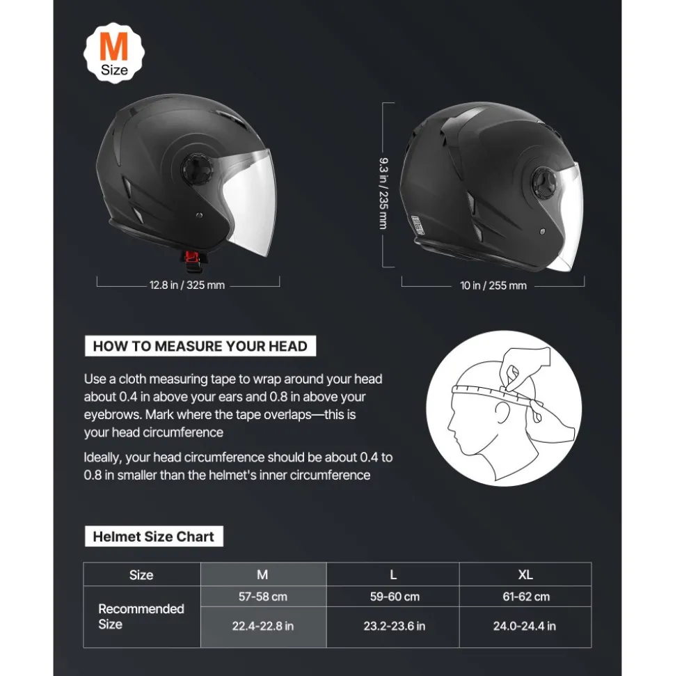 VEVOR Motorcycle Helmet, 3/4 Open Face, Adult Motocross Dirt Bike Helmet with Clear Visor, Comfortable Motorbike Racing Street with Detachable Liner for Men & Women, DOT Approved, (Matte Black, M)
