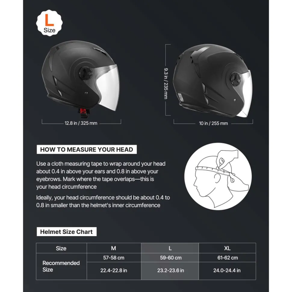 VEVOR Motorcycle Helmet, 3/4 Open Face, Adult Motocross Dirt Bike Helmet with Clear Visor, Comfortable Motorbike Racing Street with Detachable Liner for Men & Women, DOT Approved, (Matte Black, L)